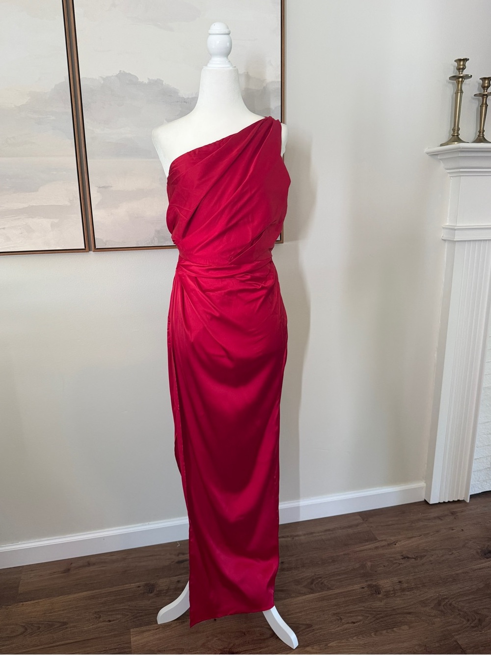 NWT Elegant Red One-Shoulder Satin Evening Gown / Formal Dress
